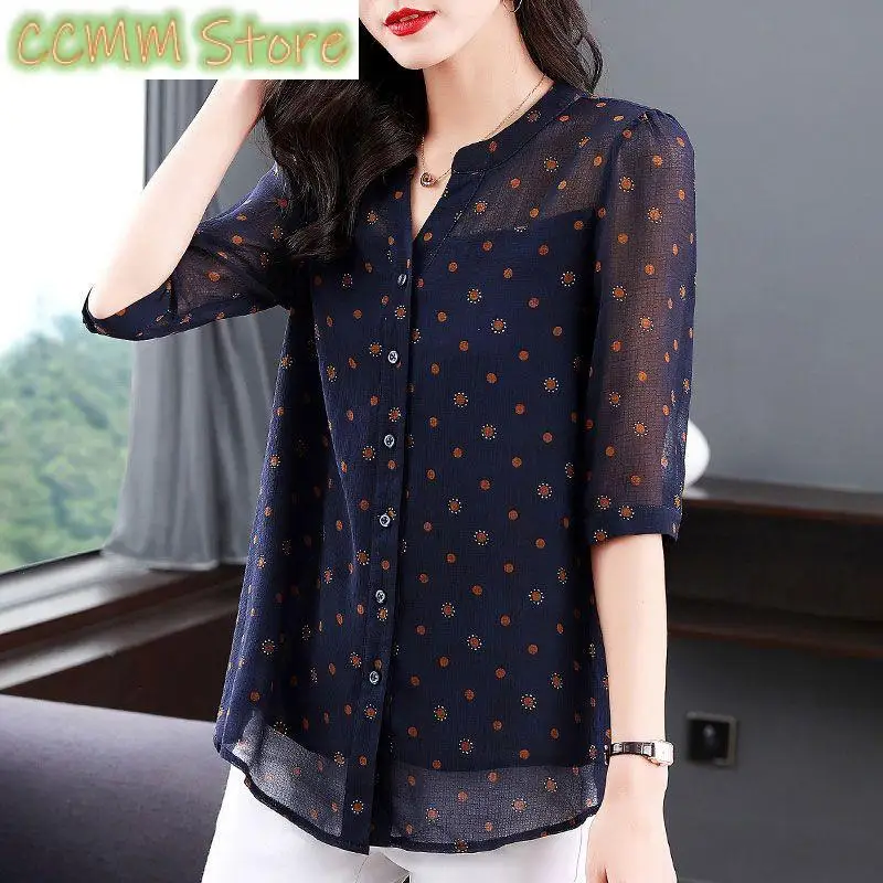 

Женская одежда, стильная блузка с принтом в горошек, летняя повседневная универсальная прямая элегантная рубашка с рукавами 3/4, с v-образным вырезом