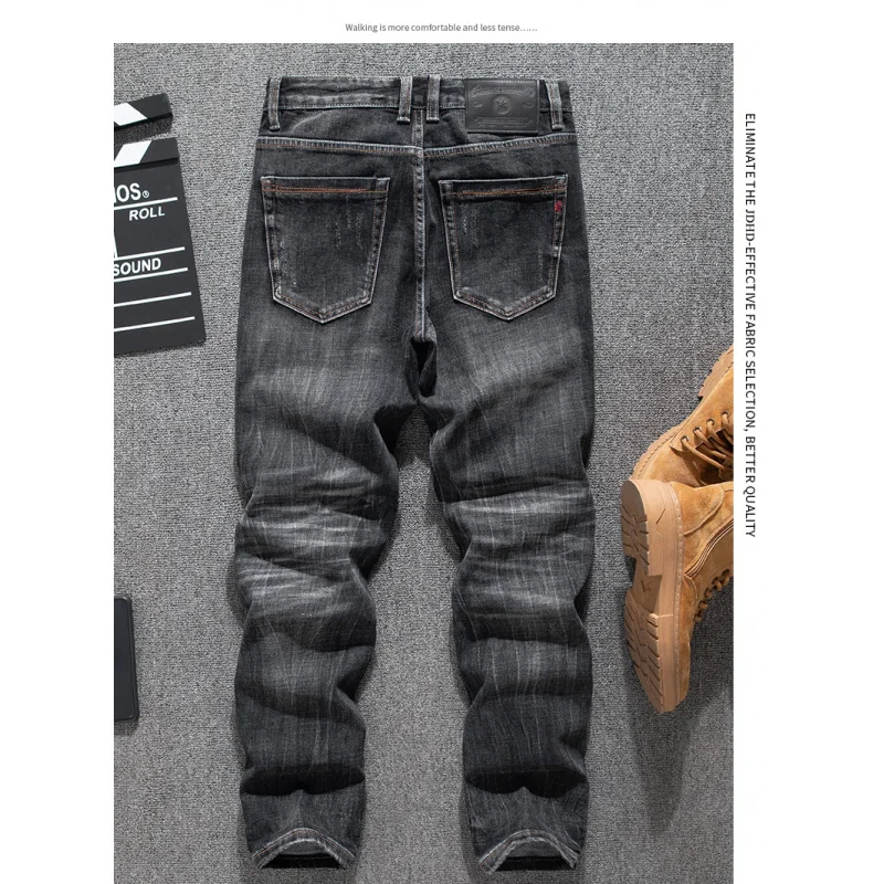 

Korean street fashion jeans men's slim fit straight tube retro high-end washed nostalgic heavyweight denim pants