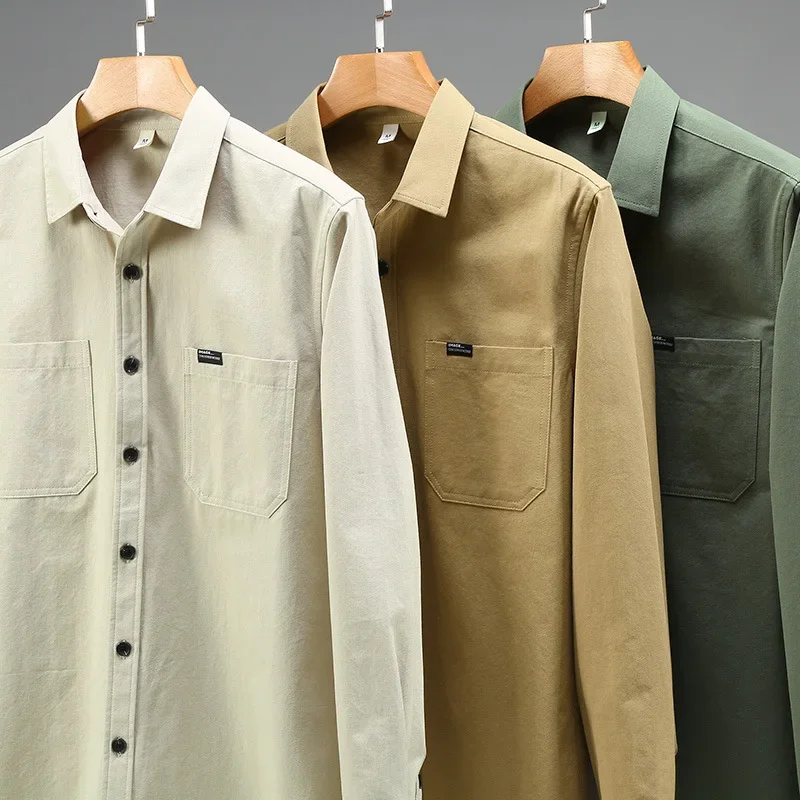 

New Men's Long Sleeve Shirts Spring Workwear Casual Apricot Shirt Male Lapel Pockets Pure Cotton Shirt Simple Camisas De Hombre