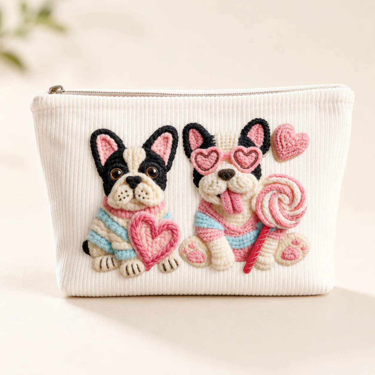 Sac à cosmétiques en velours côtelé brodé avec un adorable bouledogue français, grande pochette de rangement pour maquillage à fermeture éclair pour femmes et filles, idéal pour les voyages