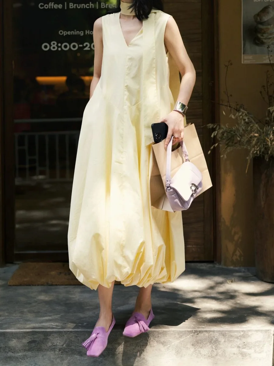 Women's Loose Sleeveless V-Neck Midi Dresses Solid Color Spring Summer