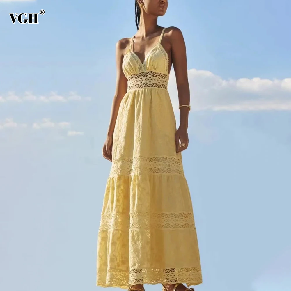 

VGH Solid Hollow Out Patchwork Lace Dresses For Women V Neck Sleeveless High Waist Temperament Camisole Dress Female Fashion New