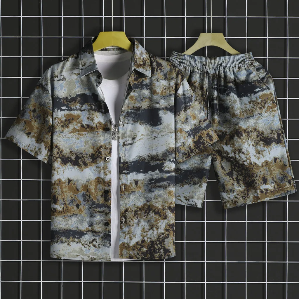 Men's Floral Shirt,Two-piece Set,Loose Large Size Tide-printed Top and Shorts,SeasideTravel and Vacation Couple Beach Set