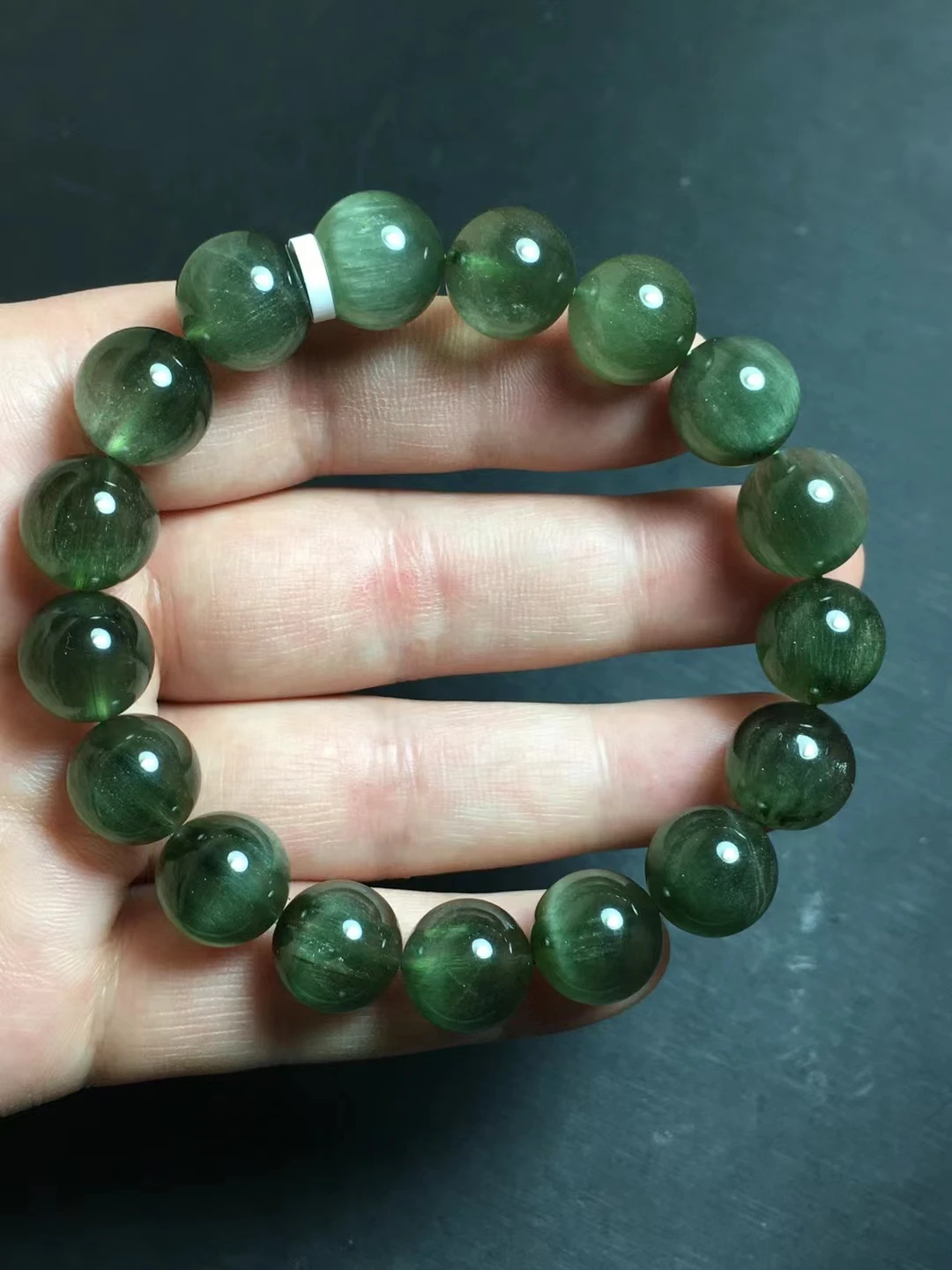 Genuine Natural Green Rutilated Quartz Clear Round Beads Bracelet 12.3mm Women Men Cat Eye Wealthy Stone Genuine AAAAAA