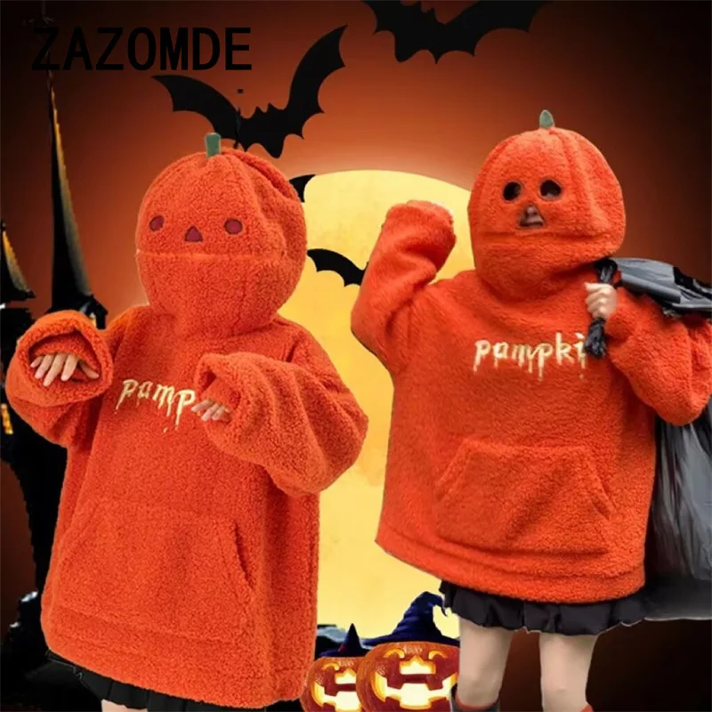 ZAZOMDE Halloween Hoodies Cute Pumpkin Head Plush Decorated Top K Pop Clothes Autumn Winter Loose Warm Pullover Holiday Gifts