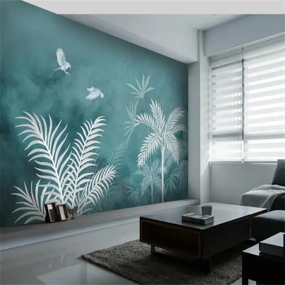 Custom TV background mural Nordic tropical plant leaves wall paper painting mural wallpaper for living room nostalgic 3D Sticker