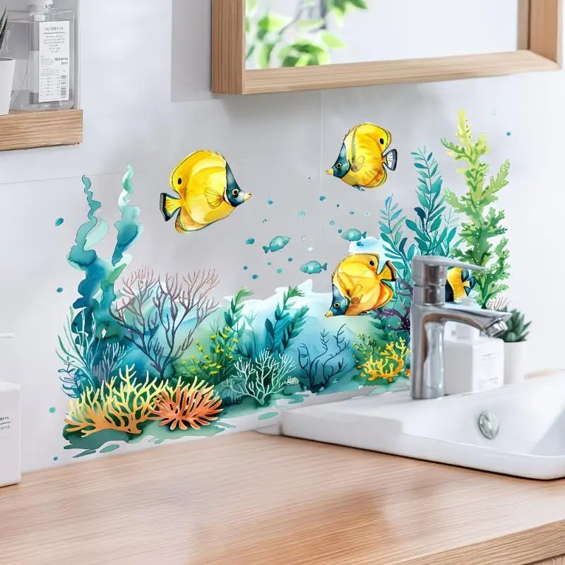 For Nursery Bathroom Shower Background Wall Self-Adhesive Decoration Ocean Sea Animals Fishes and Seaweed Coral Bathtub Sticker