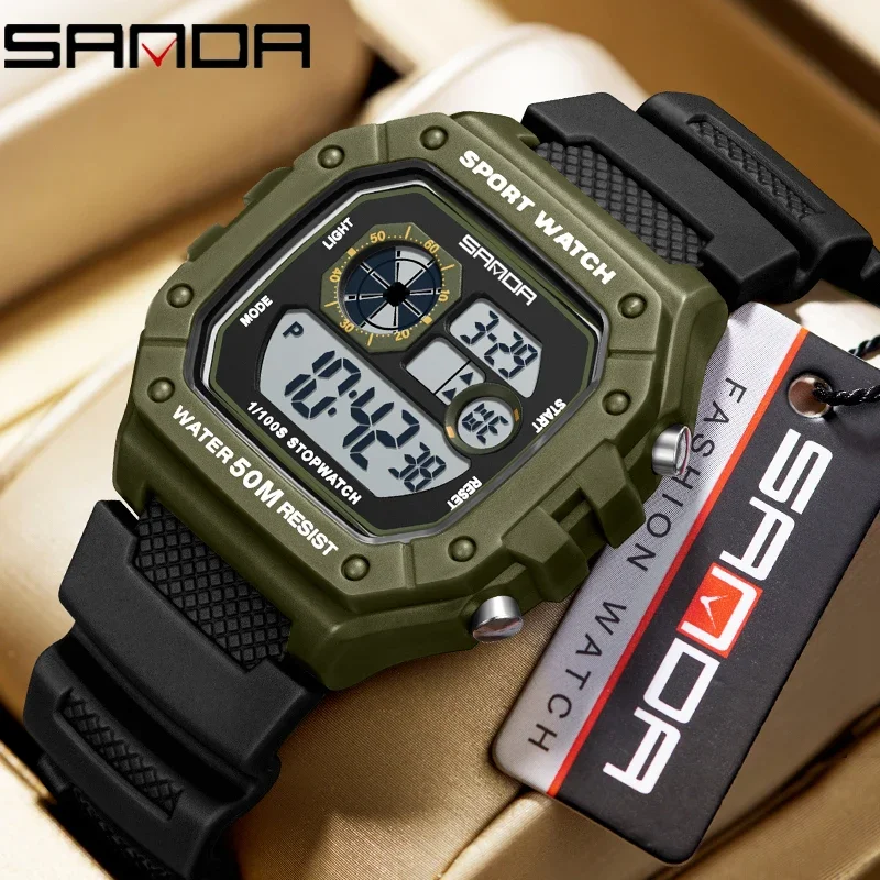 SANDA Fashion Men's Electronic Watches Sports Multifunctional Waterproof LED Single Display Small Square Electronic Wristwatch