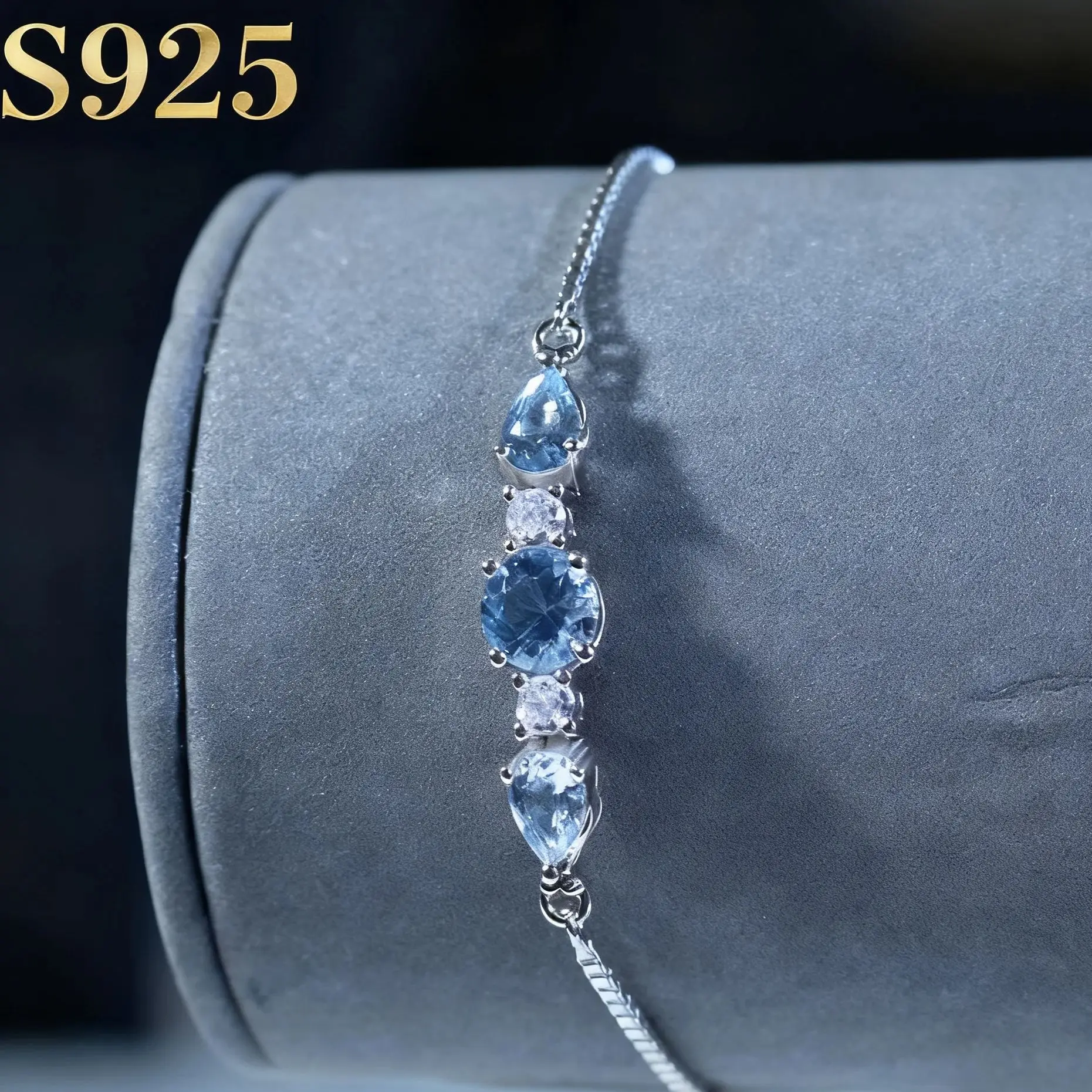 

925 Sterling Silver Bracelets Adjustable Bangle Nano Blue Topaz Bracelet Round Pear Bracelets for Woman Wedding