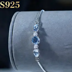 925 Sterling Silver Bracelets Adjustable Bangle Nano Blue Topaz Bracelet Round Pear Bracelets for Woman Wedding