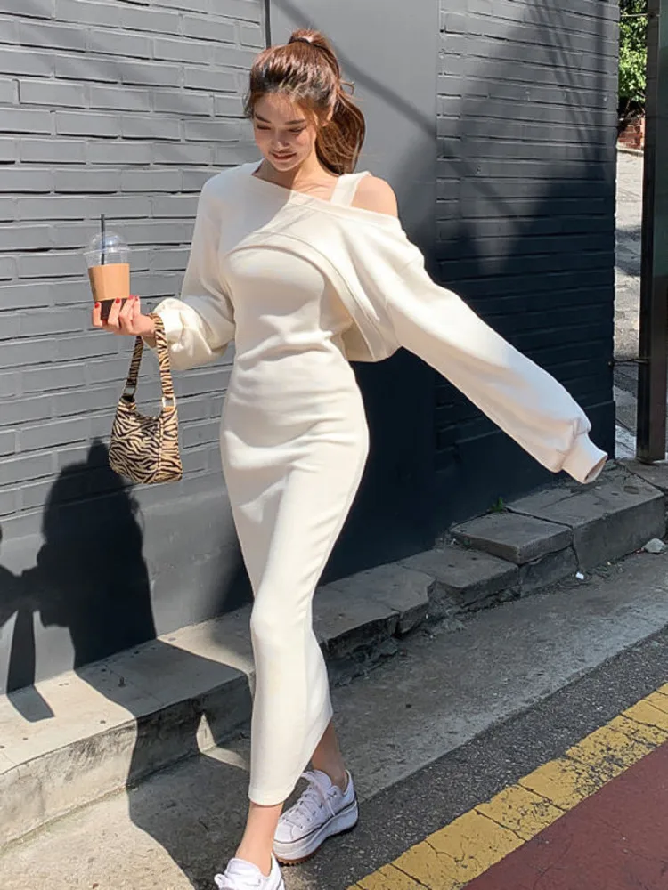 

Autumn Winter 2022 New Elegant Two Piece Sets Women Outfits Korean Fashion Casual Loose Pullover Top + Slim Long Dress Suits