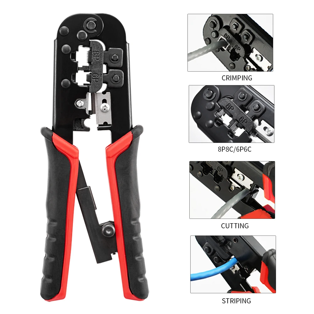 Cat5 Cat5e RJ45 Crimping Tool, 6P 8P Network Cable Pliers with Cutter Stripper, Compatible with RJ11 RJ12 Ethernet LAN Connector