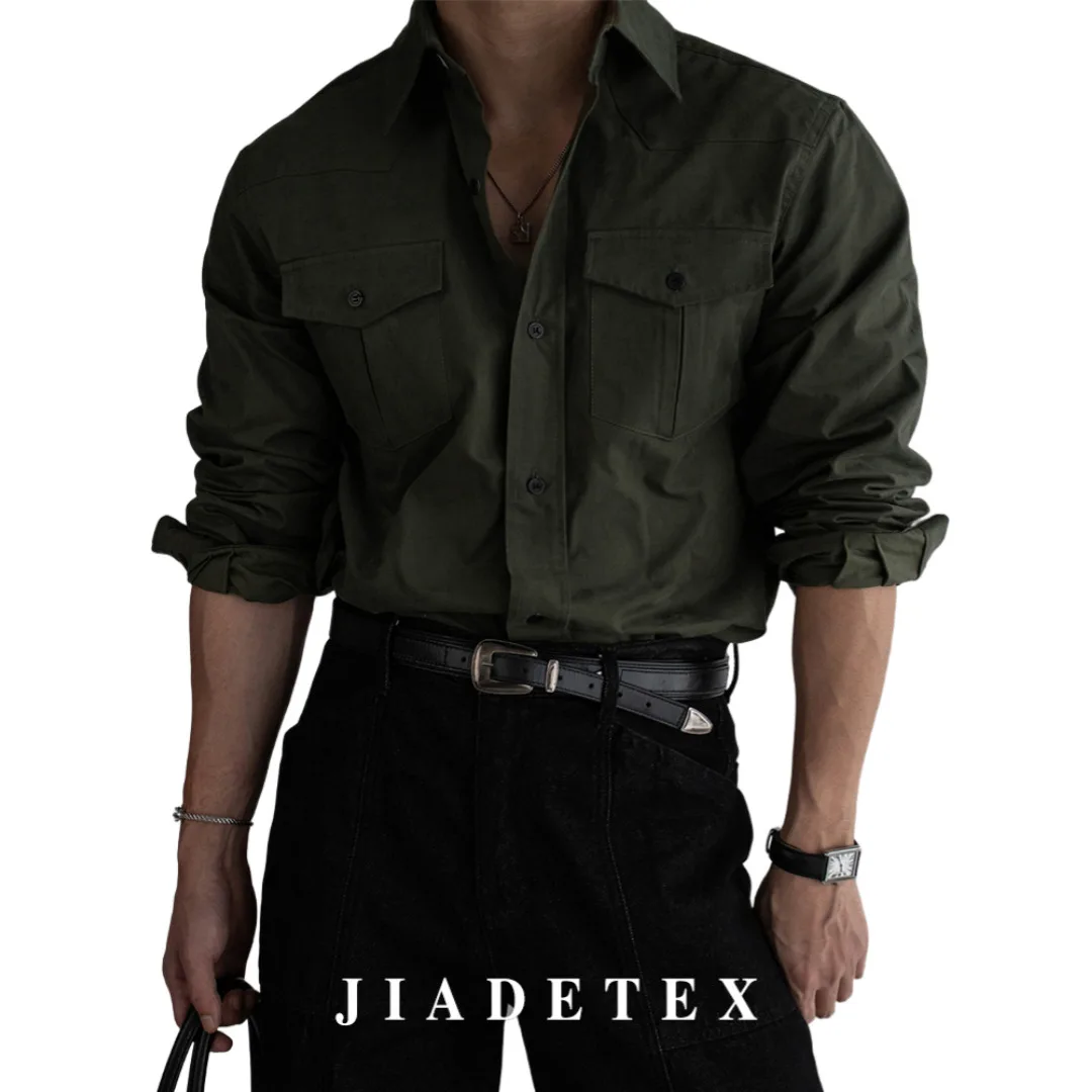 Military Green Cargo Shirt Jacket for Men Tough Style Double Pockets Autumn Spring High End Outerwear
