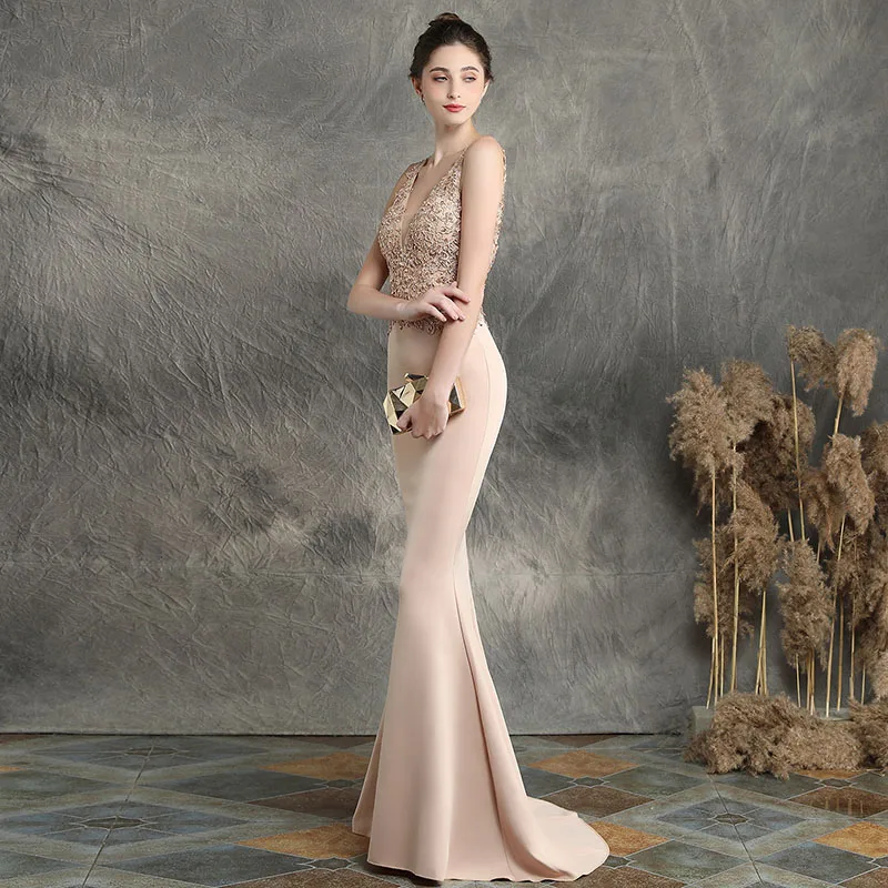 DongCMY Luxury Hand-made Decal Beaded Toast Bridal Long Thank-you Dinner Slim-fit Fishtail Dress Wedding Evening Dress