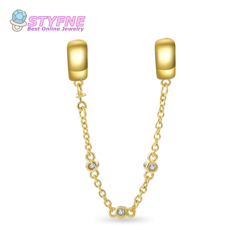 925 Sterling Silver Gold Safety Chain Beads Charms fit DIY Bracelets and Necklaces Dangle Pendants Fine Jewelry Official Website