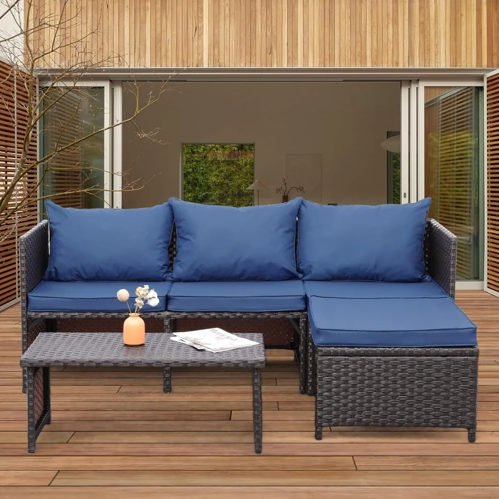 Outdoor Furniture Set 3 Piece Patio Parlor Set with Non-Slip Cushions, Dark Blue