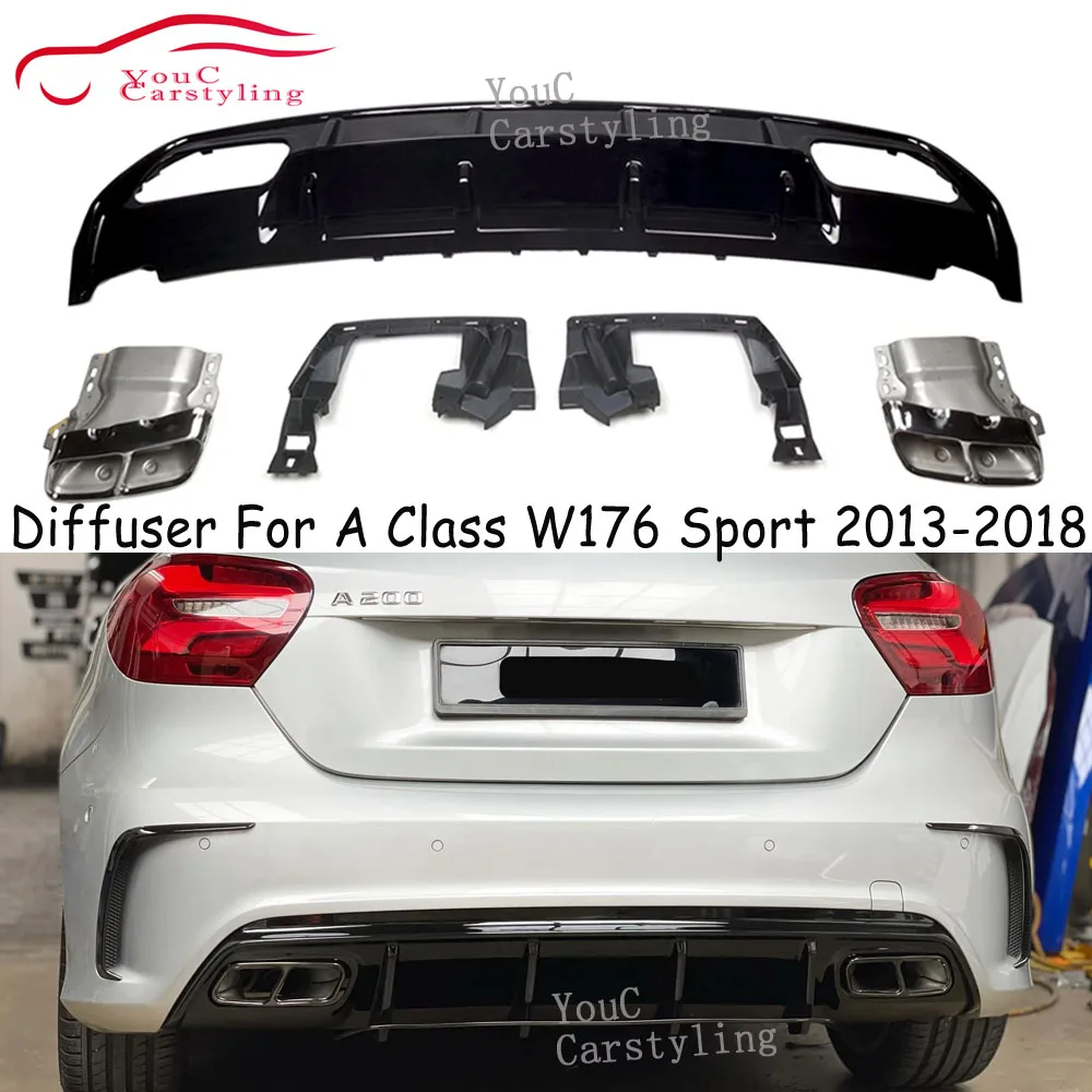 

W176 A45 Rear Bumper Black Diffuser With 4-outlet Exhaust Tips For Mercedes A Class W176 2013-2018 A160 A180 A200 A250 AMG Sport