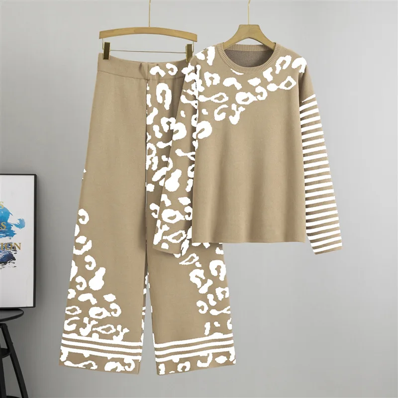 Muslim Knitting Suit Women Two Piece Sets Pullover Striped Sweater Knitted Wide Leg Pants Outfits Casual Knitwear Ensemble 2025