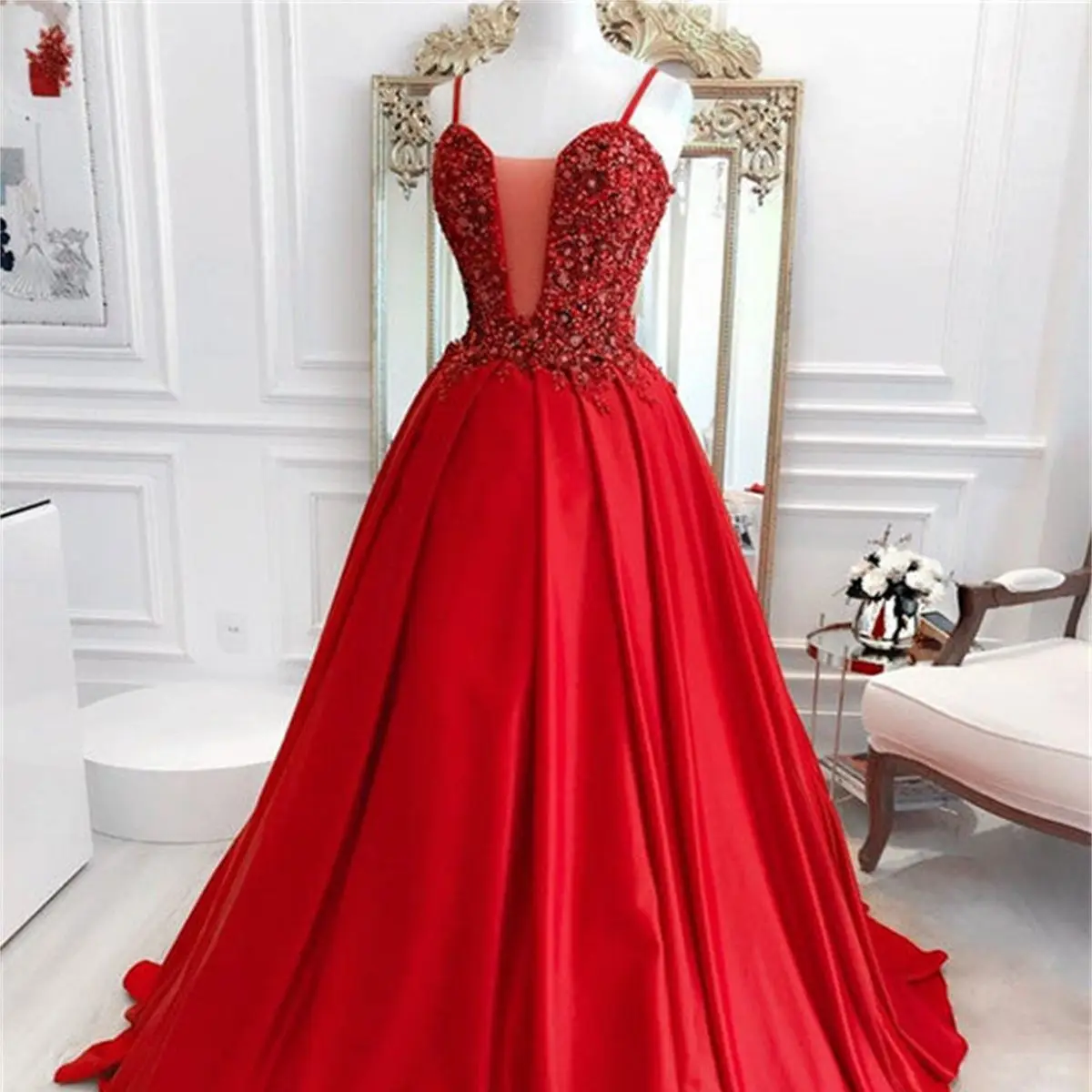 Beaded Corset Prom Dresses Satin Italian Straps Sleeveless  Women's Formal Occasion Dresses Bridal Wedding Ceremony Dresses