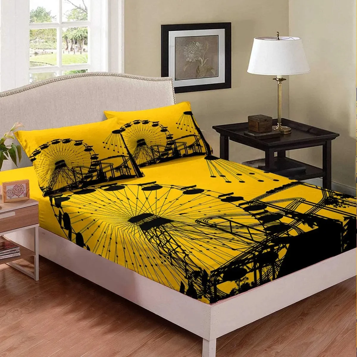 Ferris Wheel Fitted Sheet Twin King Size Hawaiin Beach Bed Sheets Amusement Park Romantic Scenery Bedding Set for Girls Boys