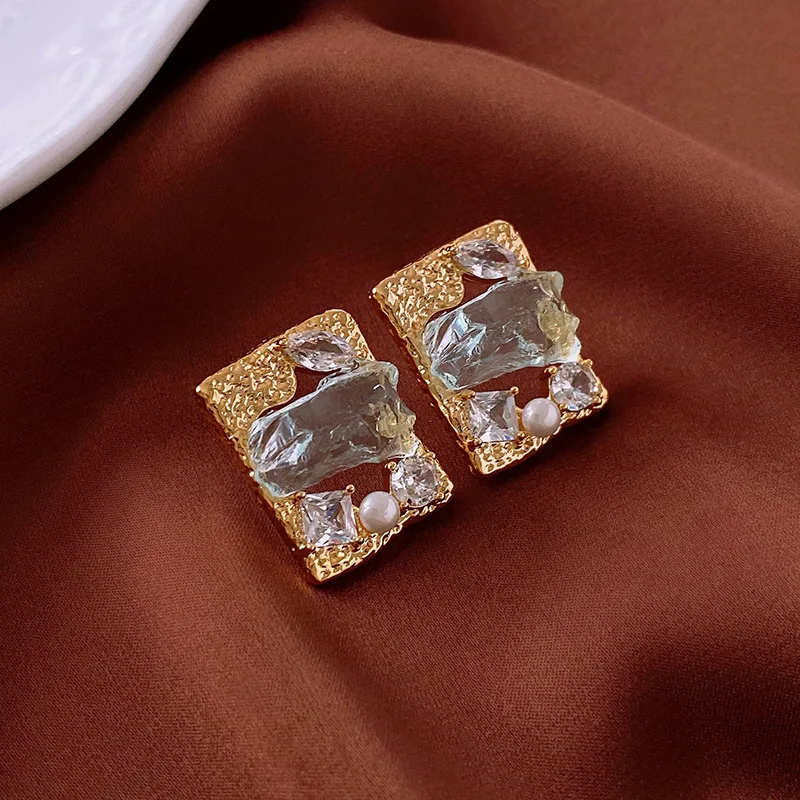 Premium zircon artificial crystal square silver needle earrings real gold electroplating French niche temperament geometric
