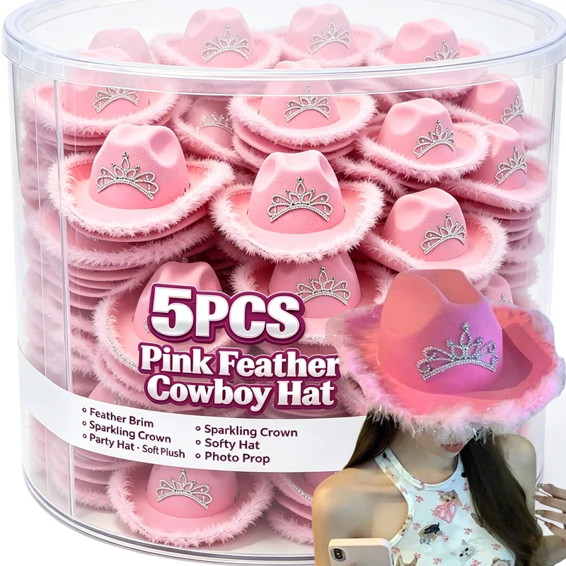Fashion Pink Feather Cowboy Hat Girls Cosplay Crown Spicy Princess Jazz European American Cap Water Diamond Sequins Trim Decor