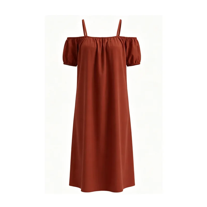 Hot Selling Women Rust Red Puff Sleeve Long Dress Spaghetti Strap Loose Fit Summer Vacation Beach Party Look Chic Wear In