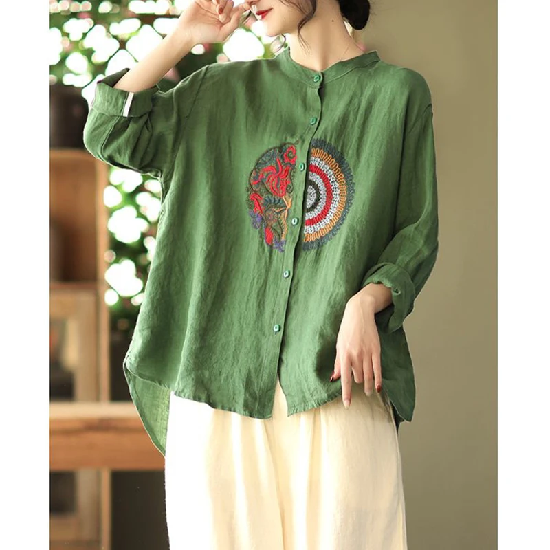 Women Vintage Ethnic Style Embroidered Irregular Cotton Linen Shirts Fashion Long Sleeve Loose Blouses Elegant Ladies Tops Blusa