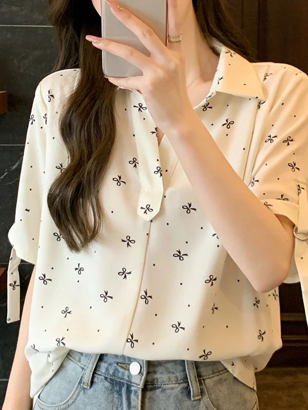 

plus Size Summer New Knot Print V-Neck Chiffon Casual Style Slimming Tummy Covering Top Women's Shirt Korean Style