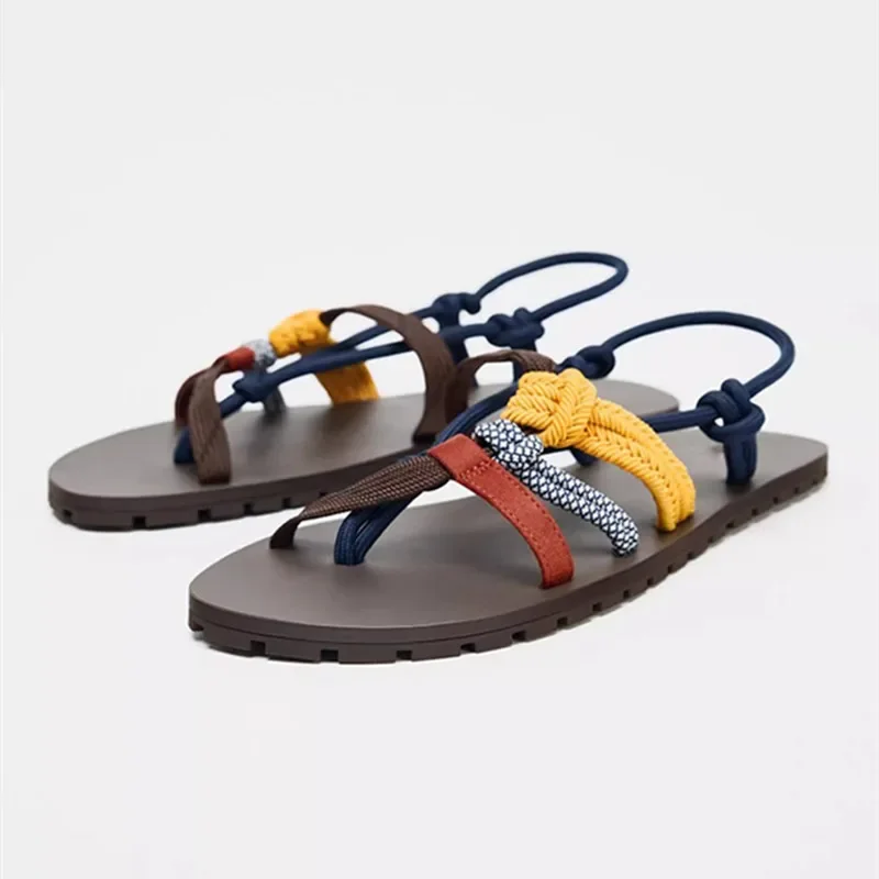 

Красочные сандалии на плоской подошве с тканым ремешком и застежкой на носок, женские удобные дизайнерские сандалии с мягкой подошвой, летние каникулы, пляжная обувь, шлепанцы