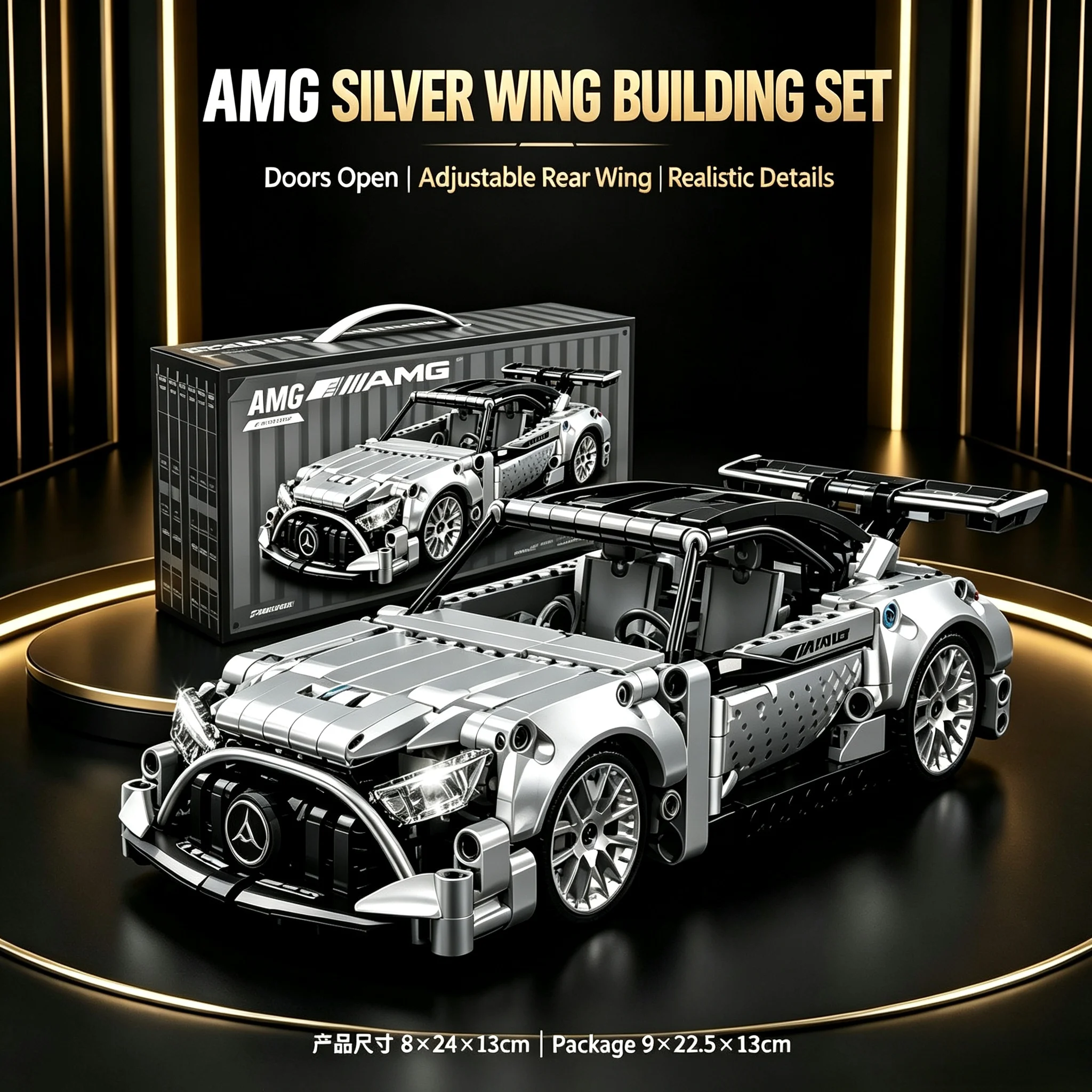 AMG Silver Wing Sports Car Building Blocks Model, MOC Racing Car Bricks Toy, Openable Doors Adjustable Rear Wing, DIY Assembly T