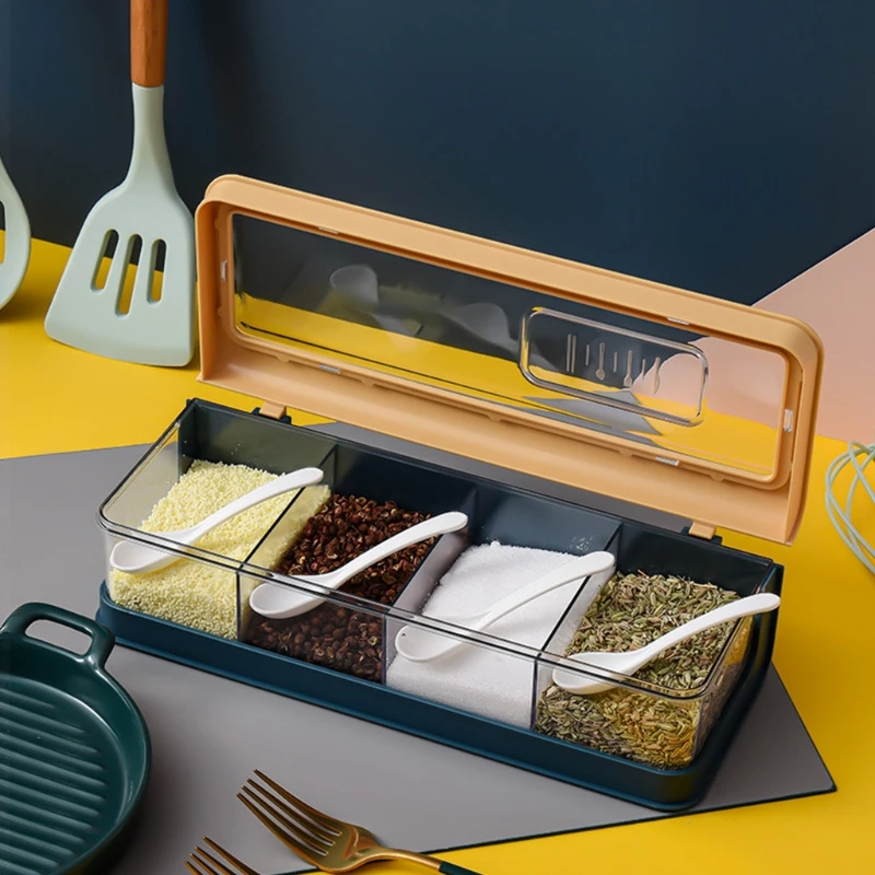 Caja condimentos 4 compartimentos con cucharas, contenedor almacenamiento, lata tarros especias cocina