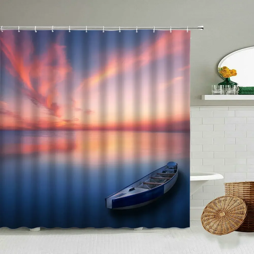 

Nature Sunset Dusk Scenery Shower Curtains Ocean Wooden Boat Bathroom Decor Accessories with Hooks Waterproof Fabric Screen