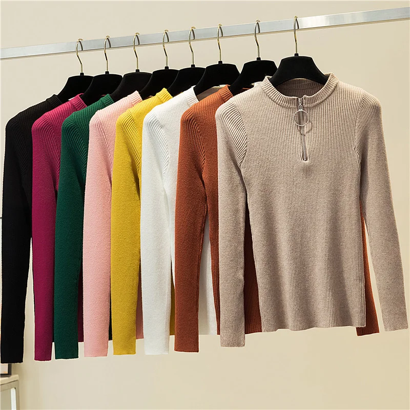 

Autumn Winter Soft Sweaters Tops For Women Sexy Slim Solid Color Zipper Sweater Knit Pullovers Bottom Ladies Sweater Pullover