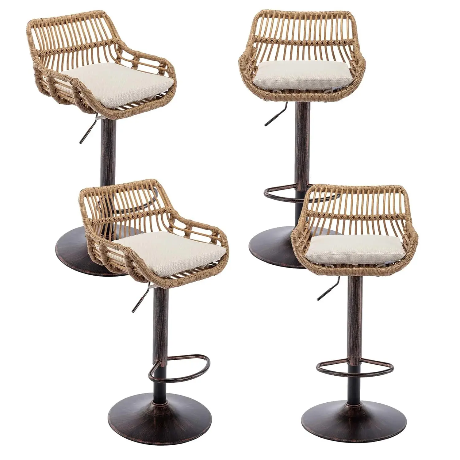 

Vintage Barstools Bar Chairs Adjustable Height 360°Swivel Stool With Rattan Black Footrest Kitchen Stools Dining, Customized