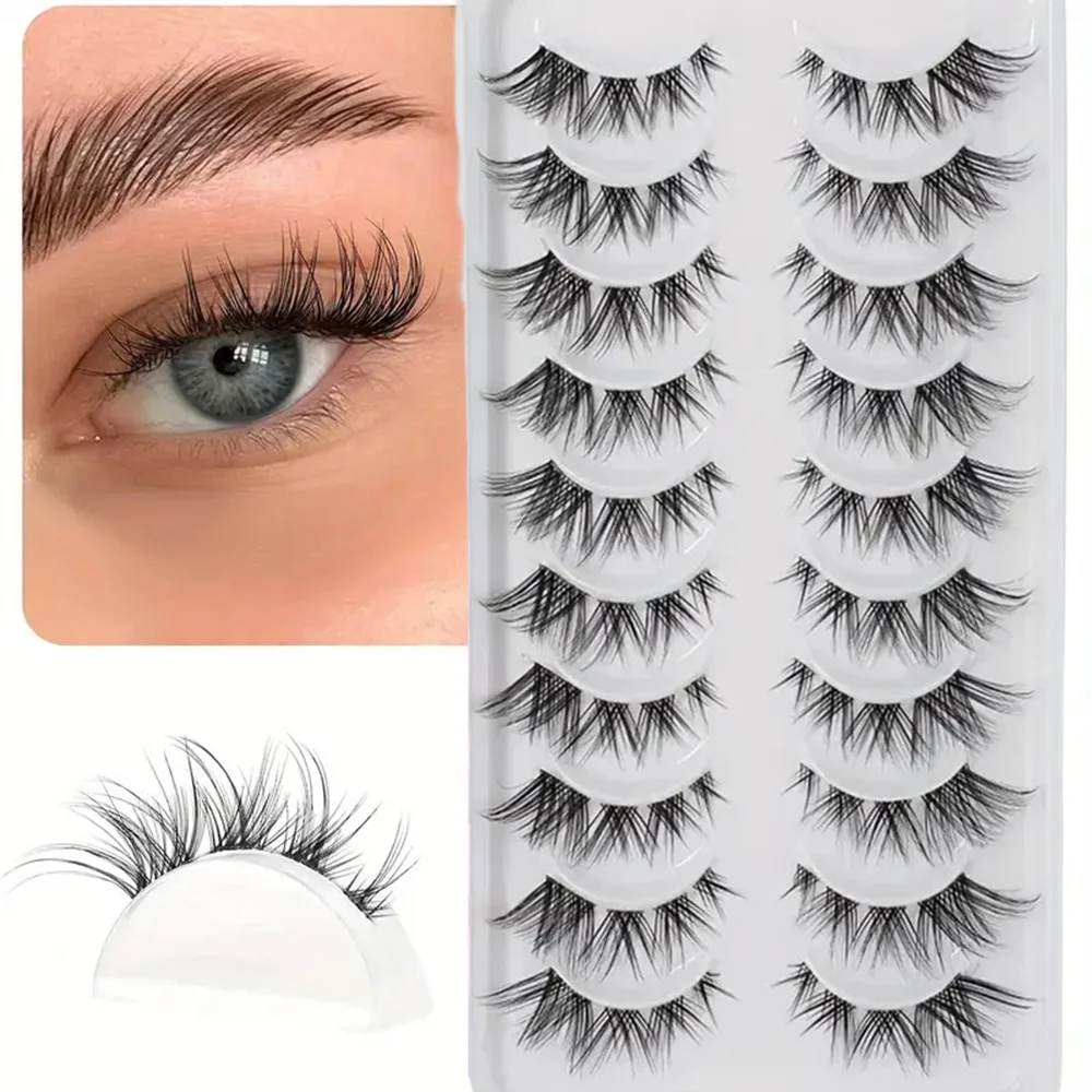 10 Pairs False Eyelashes Cluster Lashes Natural Look, Wispy Manga Eyelash Extensions Strip Cat Eye Lashes Pack With Clear Band