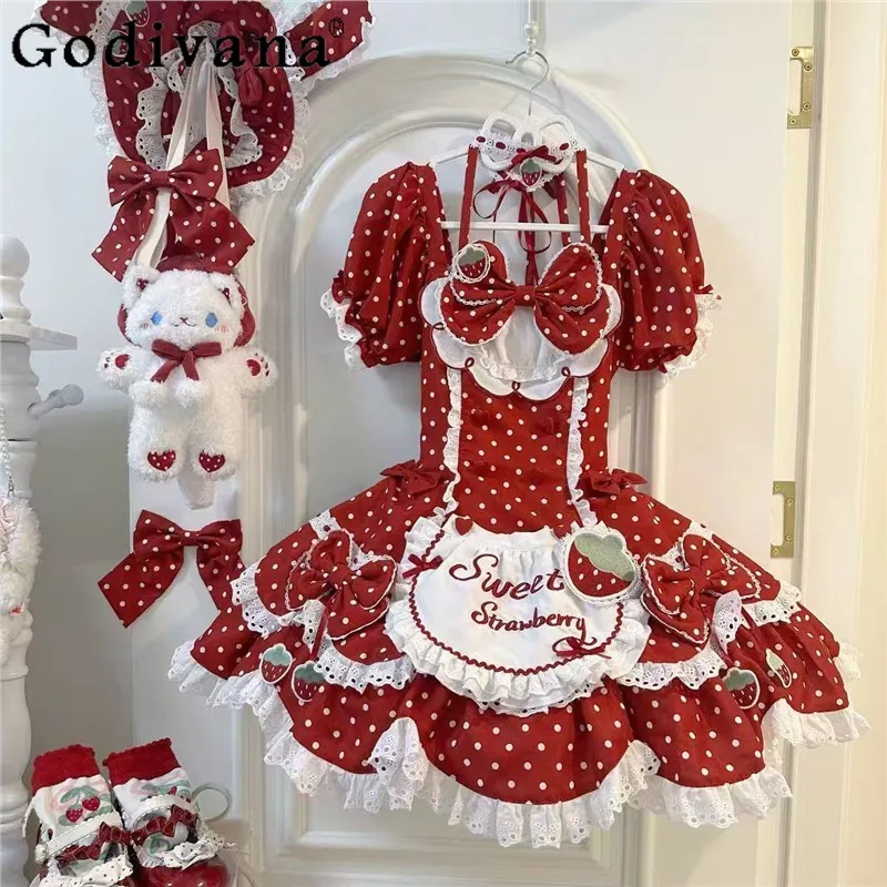 

Red Polka Dot Strawberry Print Lolita Birthday Party Dress OP Japanese Soft Girls Kawaii Slim Fit Y2K Strap Dress Princess Dress