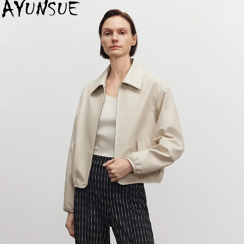 AYUNSUE リアルヤギ革本革ジャケット女性 2025 新スタイルレディースバイクジャケット春秋服 Косуха Женская