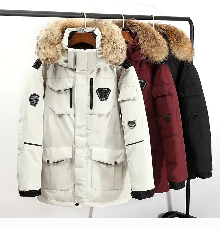 Winter Mens Down Jacket 90% White Duck Down Parkas Coat Mid-length Fur Collar  -30 Degree Keep Warm Male Thicken Snow Overcoats