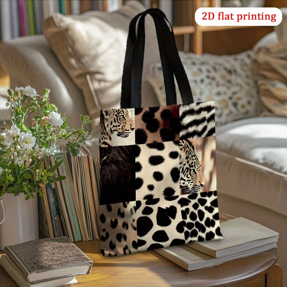 1pc Leopard Tiger Giraffe Zebra Print Tote Bag Durable Polyester Reusable Shopping Bag Women Fashion Shoulder Pouch