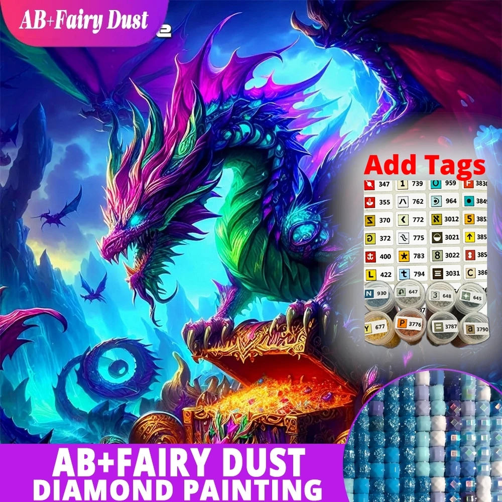 

Набор для вышивания алмазной мозаикой AB Fairy Dust DMC: Дракон, 5D, полная выкладка, квадратные стразы, DIY, сундук с сокровищами