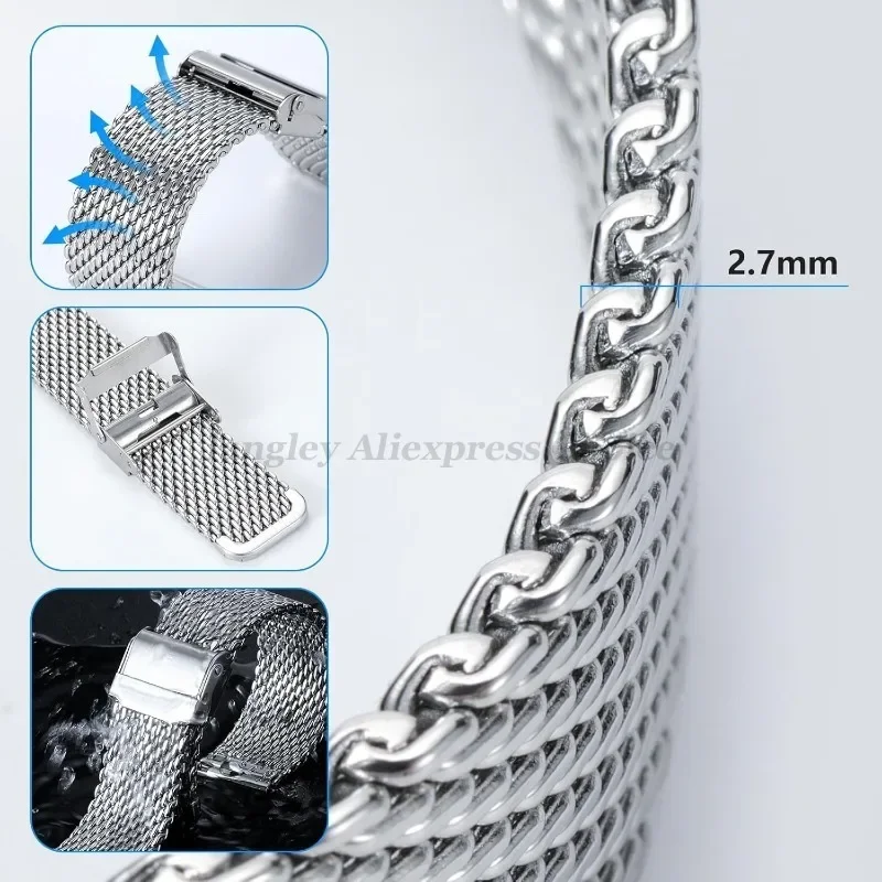 1.0 مللي متر ميلانو شبكة حزام الساعات الفولاذ المقاوم للصدأ القرش شبكة حزام ساعة اليد 18 مللي متر 20 مللي متر 22 مللي متر 24 مللي متر الإفراج السريع أساور لأحزمة Seiko