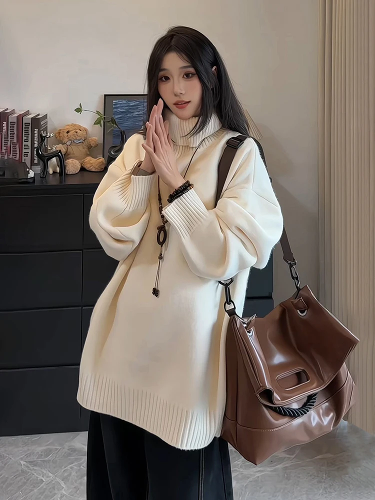 

Утепленный вязаный свитер с высоким воротником из флиса, осенне-зимний, свободного кроя, комфортный, мягкий, из полиэстера, с длинными рукавами, базовый слой...