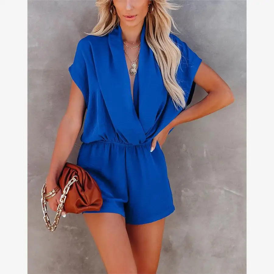 섹시한 V넥 캐주얼 루즈 바디수트 여성 스트리트 스타일 하이웨이스트 오버 팬츠 폴리에스터 원단 섹시한 원피스