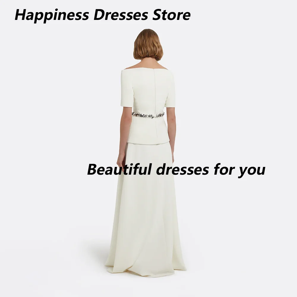 Vestidos de noite marfim para mulheres fora do ombro uma linha 2025 vestidos de noite longo cinto de cristal mangas curtas com decote em v vestido de baile