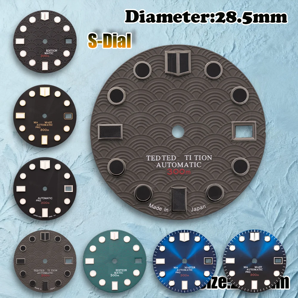 

28.5mm S LOGO NH35 Wave Fishscale Dial Adapter for NH36/4R/7S Japanese Movement Green Night-Light Watch Modification Parts