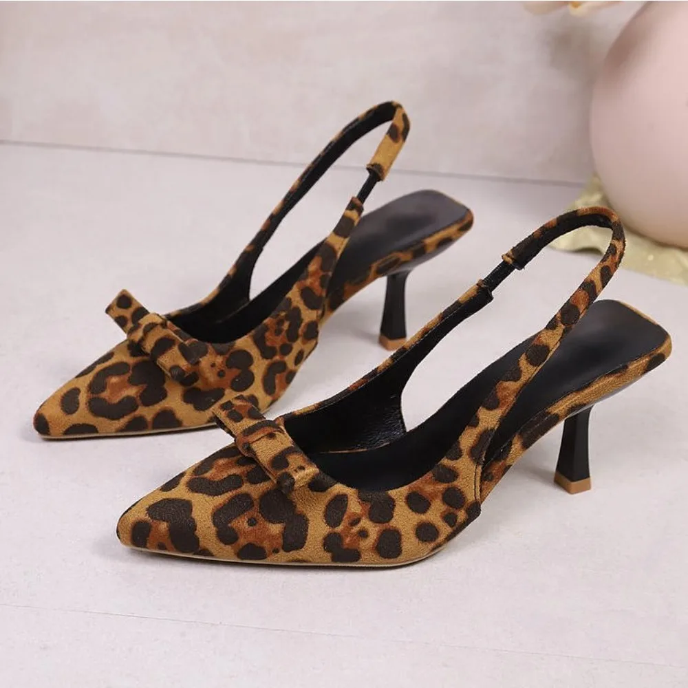 2026 Summer Bow knot Design Women Sandals Fashion Leopard Print Pointed Toe High Heel Sandals Party Ladies Sandalias Shoes