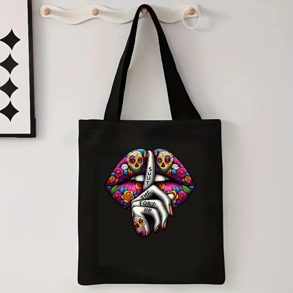 Mexican Sugar Skull Floral Lips Print Canvas Tote Bag Reusable Shopping Handbag Retro Gothic Art Casual Shoulder Gift Bag