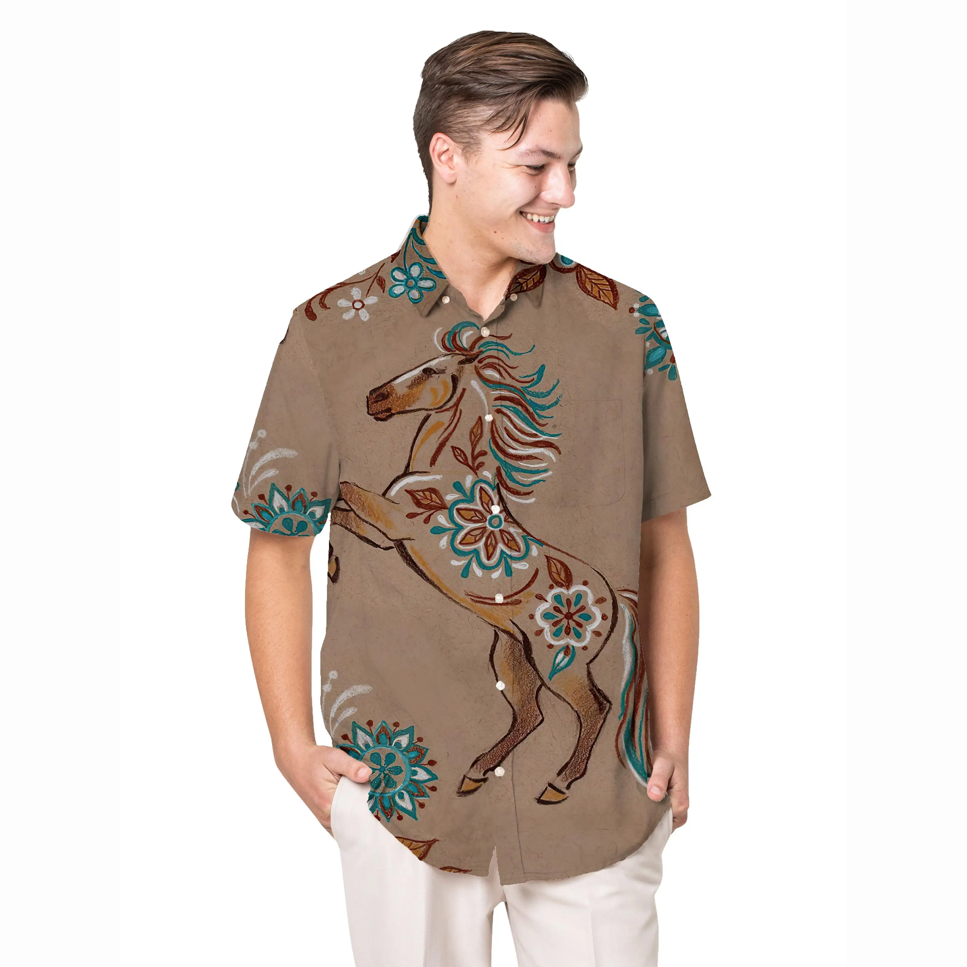 Jumeast Floral Pattern Short Sleeve Hawaiian Shirt Animal Horse Graphics Polyester Aloha Shirts Tropical Baggy Casual Clothing