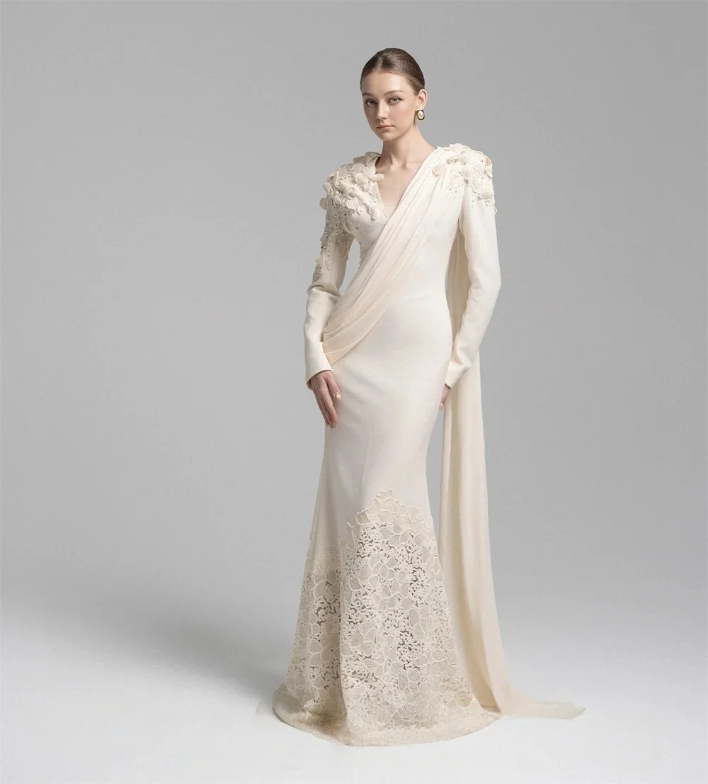 

QRCustomized Gentle and powerful elegant goddess Temperament V-Neck Long Sleeves Appliques Lace Mermaid Zipper Back